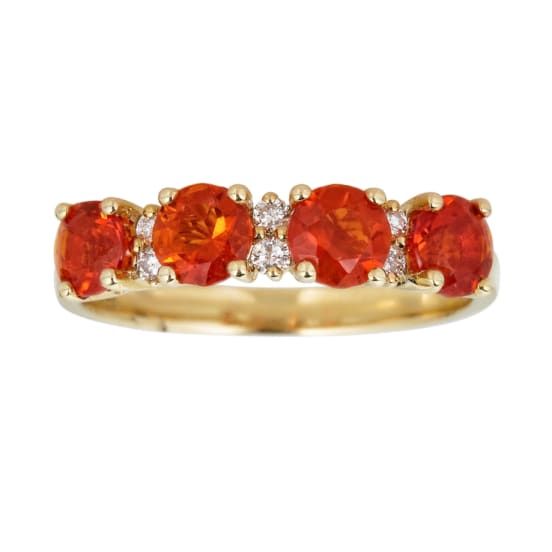 tunning, timeless and classy eternity Vintage ring. Decorate yourself in luxury with this Gin & Grace ring. This ring is made up of 4.5MM Round-Cut Prong Setting Natural Mexican Fire Opal (4pcs) 1.0 Carat and Natural Round-Cut Prong Setting Diamond (6pcs) 0.11 Carat and accent stones for a lovely design. This ring is weight 2.15 grams. The ring is crafted of shining 14-karat Yellow Gold and is completed by a highly polished finish. Classic Gemstone Eternity Band, Classic Gemstone Eternity Band For Formal Occasions, Classic Yellow Gold Eternity Band With Gemstone, Luxury Ruby Half Eternity Ring For Anniversary, Luxury Ruby Half Eternity Ring, Luxury Ruby Ring With Half Eternity Round Cut, Luxury Formal Ruby Ring With Half Eternity, Luxury Formal Ruby Half Eternity Ring, Formal Yellow Gold Eternity Band With Gemstones