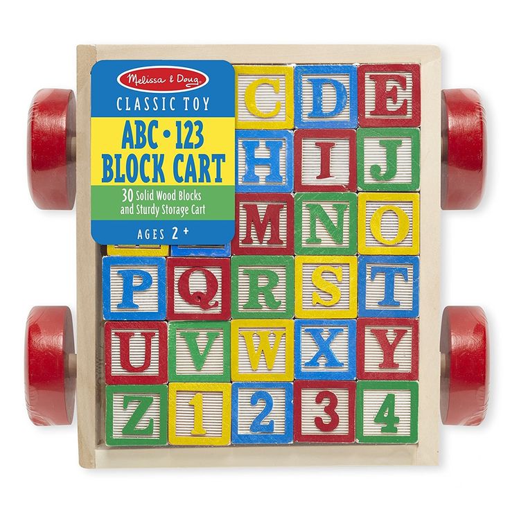 wooden abc and 123 blocks with red wheels for children to play on the road or in the yard