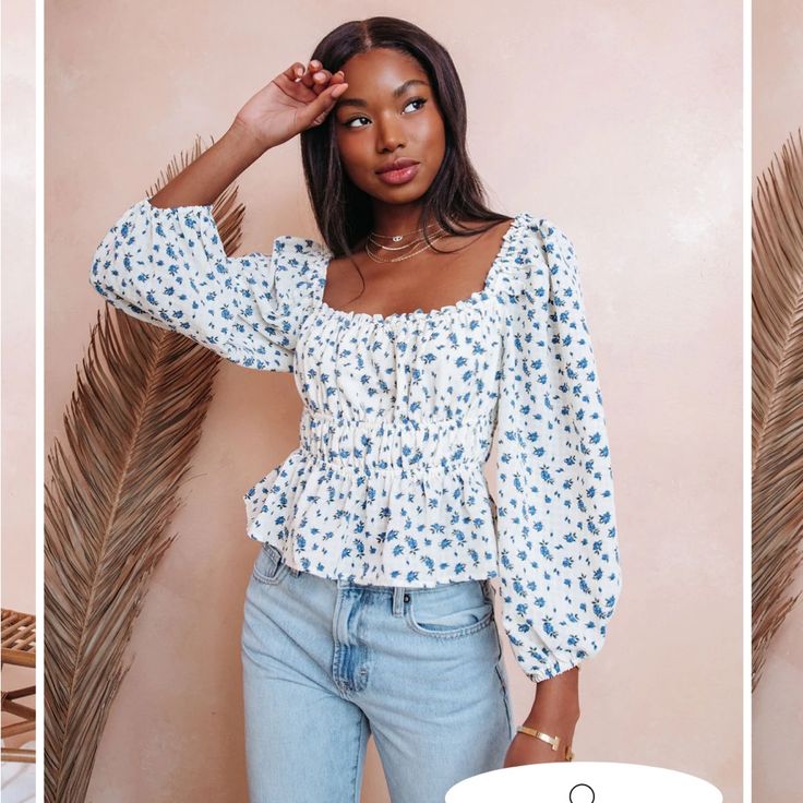 two photos of a woman wearing a white blouse and blue jeans, one is holding her hand on her head