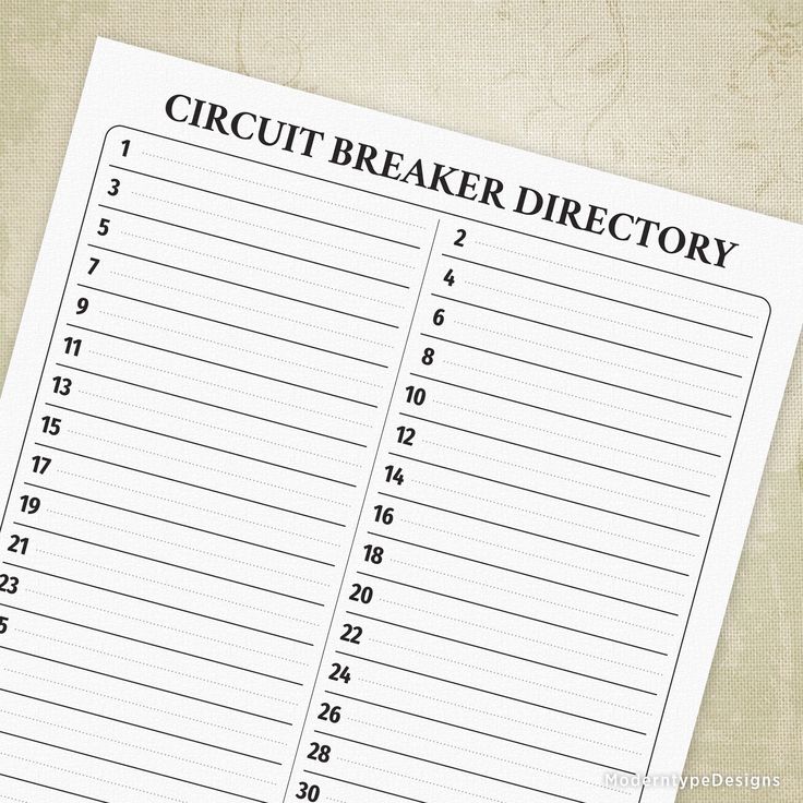 the printable circuit breaker directory is on top of a piece of paper with numbers