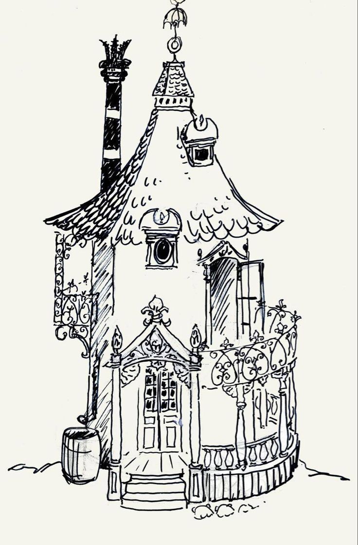 a black and white drawing of a house with a tower on the top, surrounded by trees