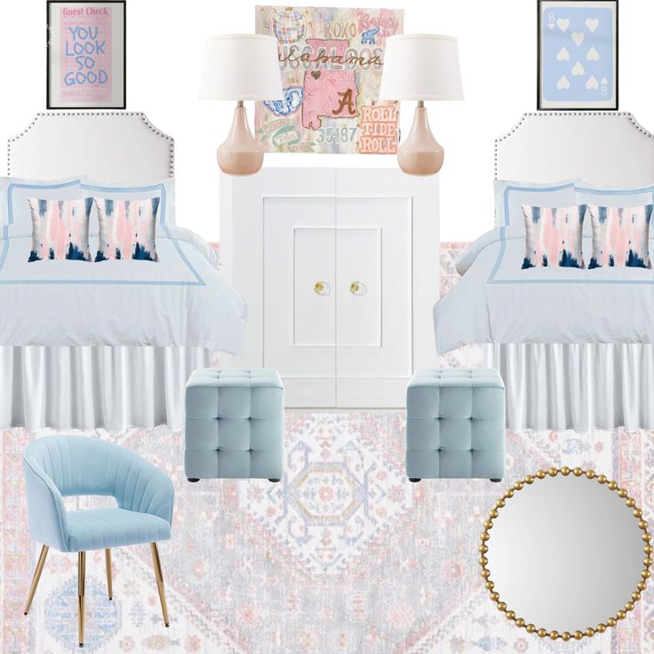 a baby's room with blue and pink accents, including a crib, chair, dresser, lamp, mirror and rug