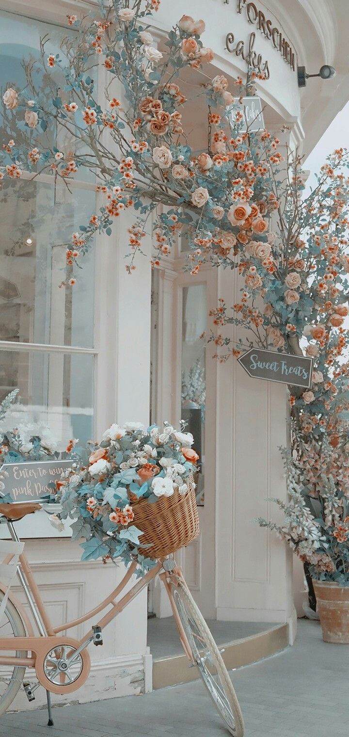 a bicycle parked in front of a flower shop