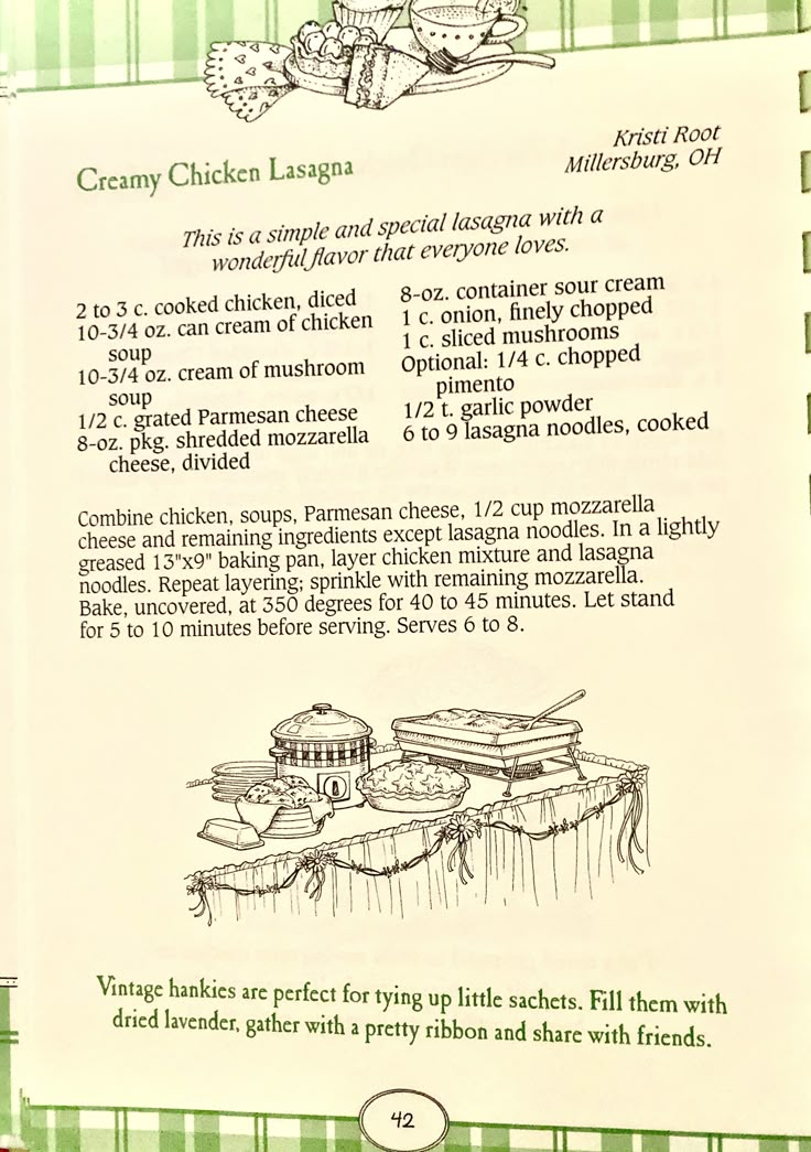 an old recipe book with instructions on how to make chicken lasagna for dinner