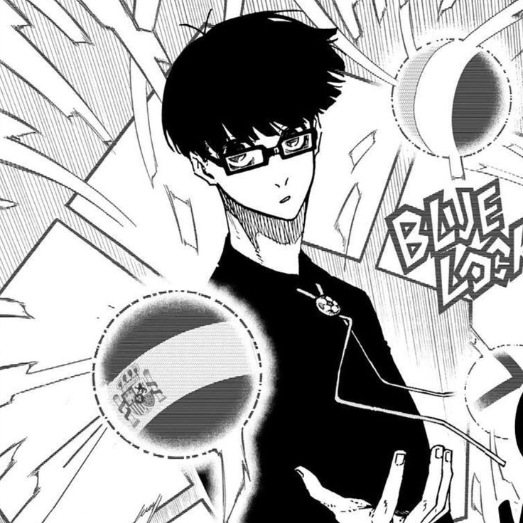 an anime character with glasses and a black shirt holding something in his hand while looking at the camera