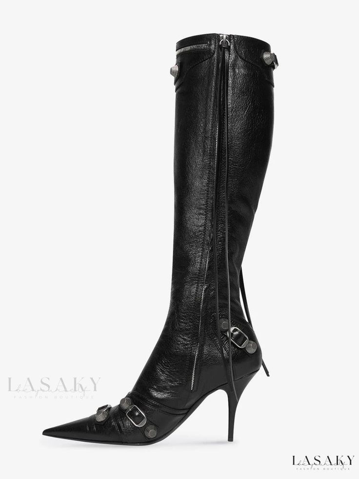 Lasaky - Timeless Elegance: Womens Knee High Boots with Pointed Toe, Stiletto Skinny Heels, Stud Accents, and Vintage Buckle Detailing Formal Heeled Boots With Ankle Strap, Fitted Ankle Strap Heeled Boots For Formal Occasions, Formal Fitted Heeled Boots With Ankle Strap, Elegant Fitted Heeled Boots With Ankle Strap, Elegant Fitted Ankle Strap Heeled Boots, Elegant Heeled Boots With Buckle Closure For Party, Elegant Heeled Boots With Buckle For Party, Elegant Party Heeled Boots With Buckle Closure, Fitted Heeled Boots With Buckle Closure For Party