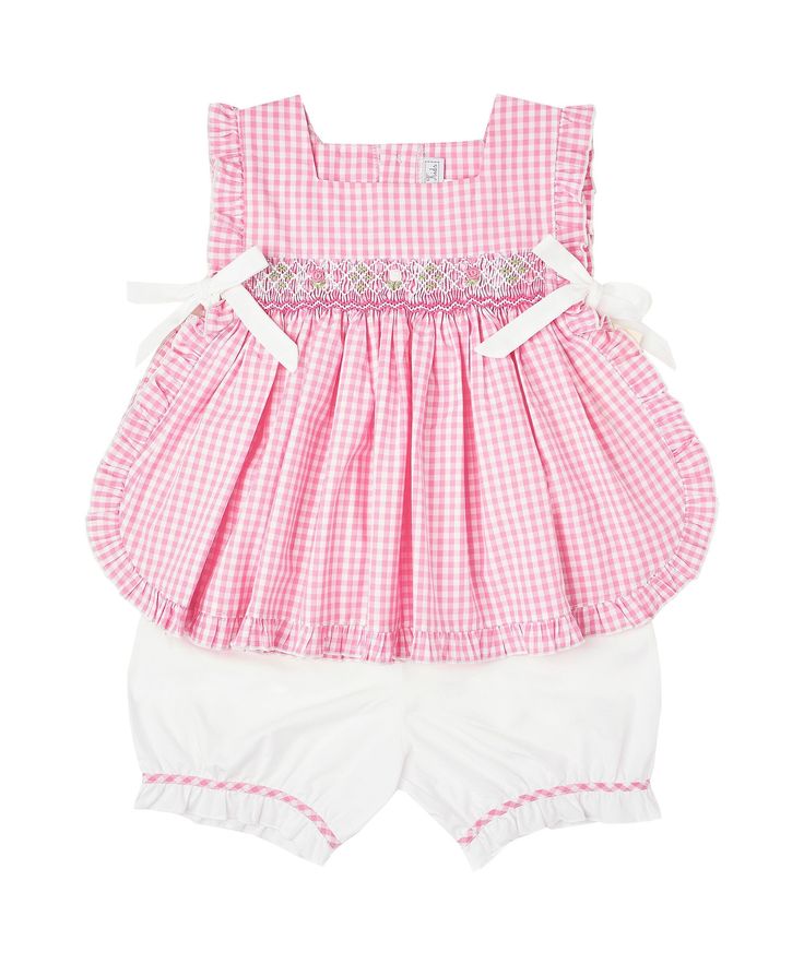 Style # FK-TM842 Made with 100% Cotton Preppy Cotton Sets For Spring, Preppy Cotton Spring Sets, Spring Preppy Cotton Sets, Fitted Gingham Sets For Spring, Casual Gingham Sets For Spring, Casual Spring Gingham Sets, Christening Gowns For Boys, White Bloomers, Pinafore Top