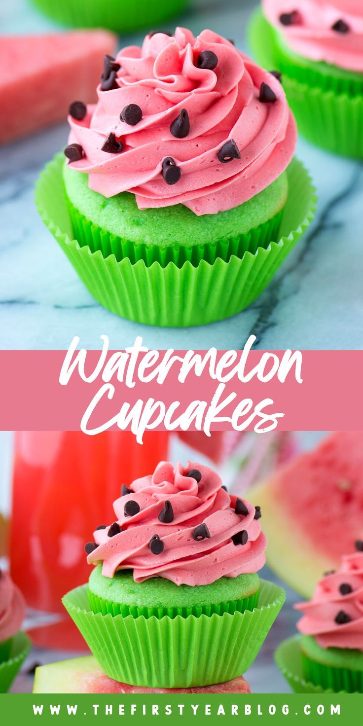 watermelon cupcake pin with text overlay Watermelon Dessert, Watermelon Cupcakes, Cupcakes With Buttercream, Summer Cupcakes, Green Cupcakes, Colorful Nail, Watermelon Seeds, Cupcake Flavors, Easy Cupcakes