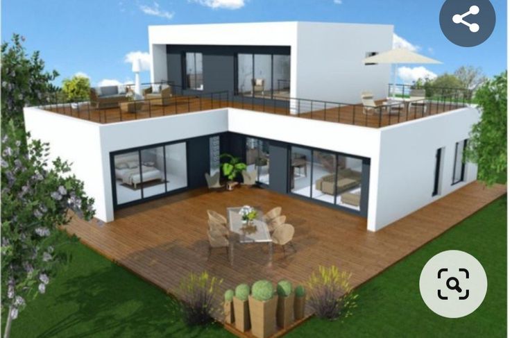 an artist's rendering of a modern house with decking and patio furniture in the foreground