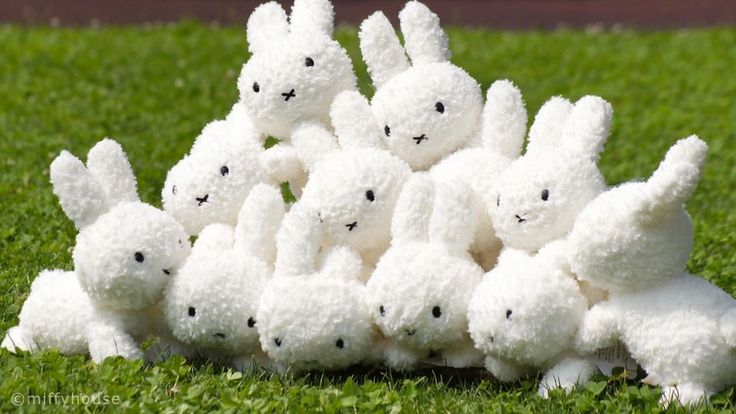 a group of white stuffed animals sitting in the grass