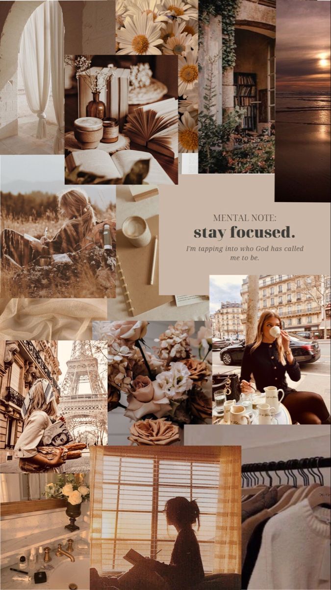 a collage of photos with the words stay focused written in white and brown colors