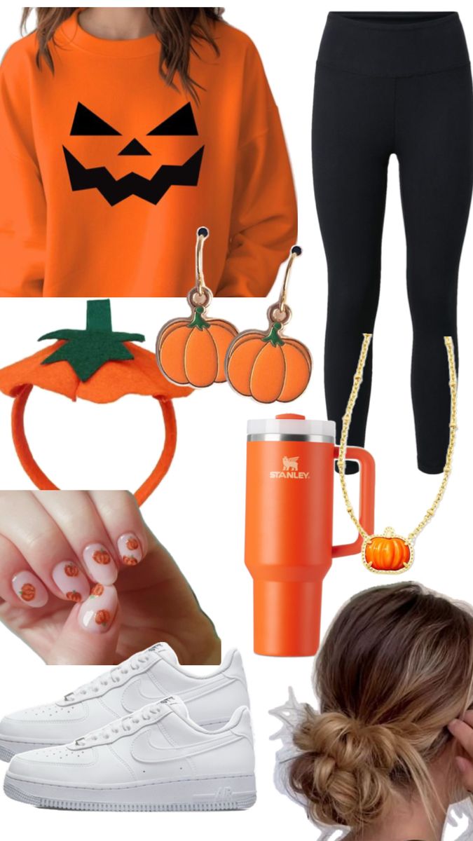 a woman wearing an orange shirt and black leggings with pumpkin decorations on it