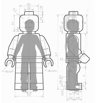 a lego figure is shown with measurements for the body and head, as well as other parts