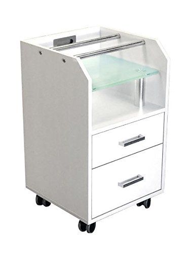 a white cabinet with two drawers and a glass shelf on the bottom one drawer is open