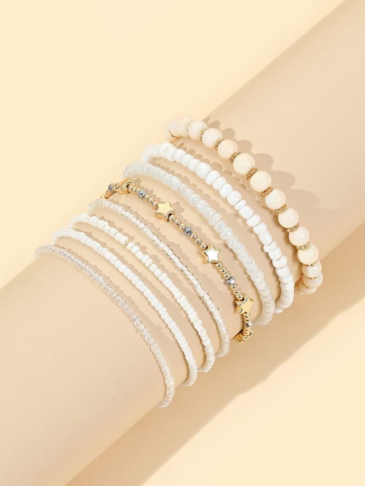 White Fashionable Collar     Embellished   Women's Fashion Jewelry Star Decor, Bracelet Sets, White Bracelets, Bracelet Diy, Hand Jewelry, Bracelet Crafts, Boho Bracelets, Clay Beads, Bracelet Stack