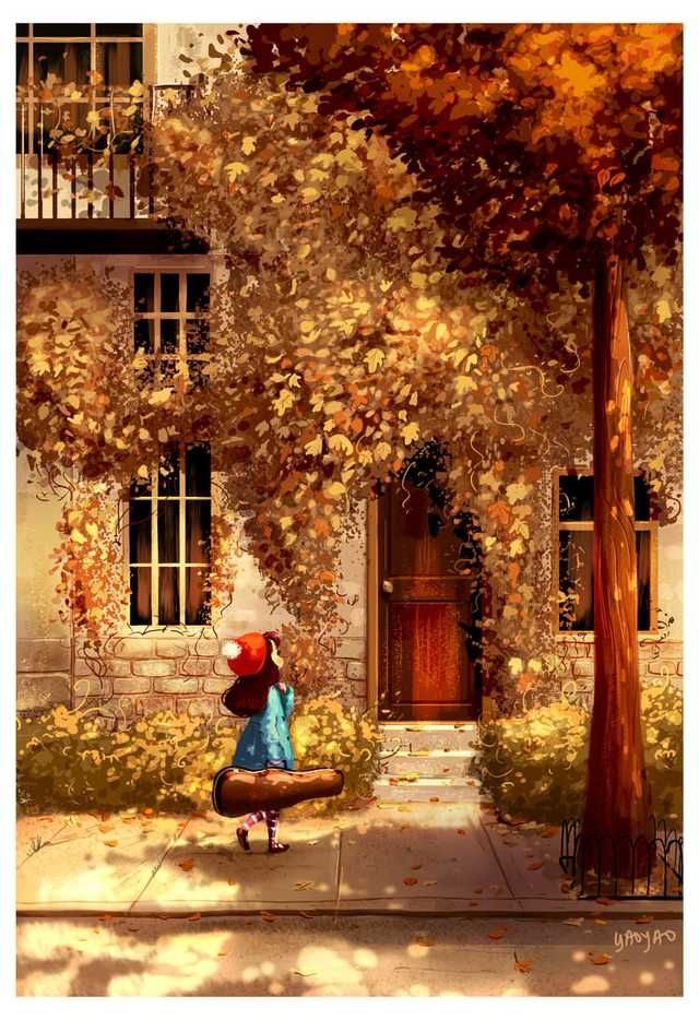 Happy First Day of Autumn! - Imgur Autumn Illustration Art, Yaoyao Ma Van, Parenting Illustration, Animated Pics, Yao Yao, 동화 삽화, Violin Lessons, Autumn Illustration, Forest Girl