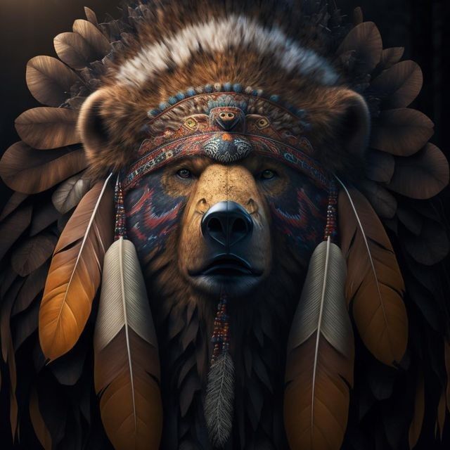 a bear with feathers on it's head and eyes