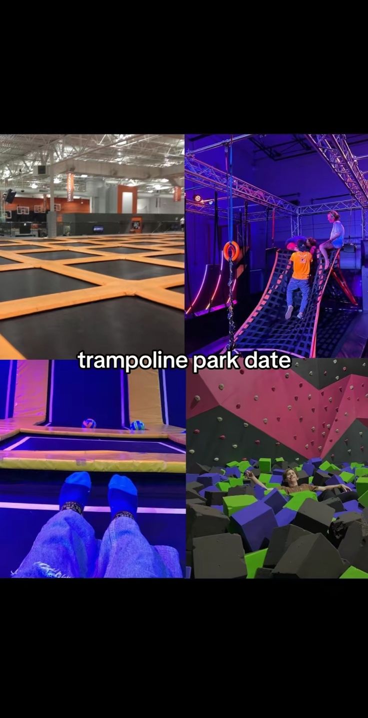 people are playing in an indoor trampoline park and climbing on the slide at night