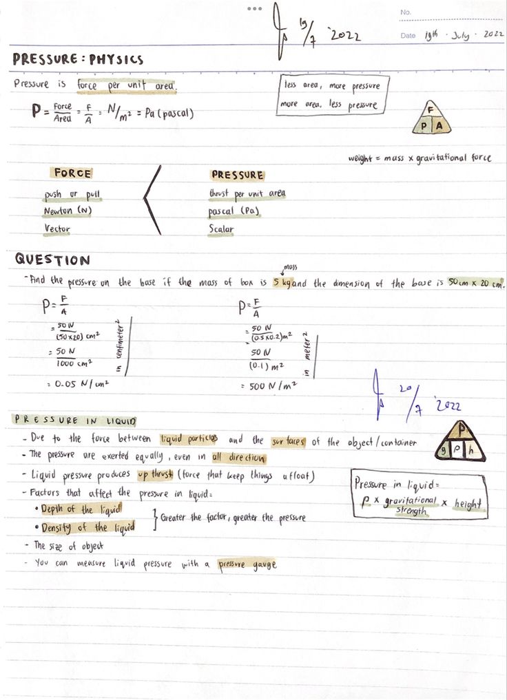 a piece of paper with writing on it that says, pressure physics question and an image of