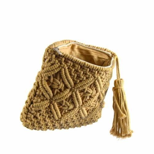 This tan macrame clutch is the perfect complement to any outfit. The bag has a zipper close and the inside is lined. It features a tassel that is a great design touch. Perfect for day or evening. Bohemian Beige Clutch Shoulder Bag, Beige Bohemian Clutch Shoulder Bag, Bohemian Handwoven Beige Clutch, Chic Handwoven Beige Clutch, Brown Pouch Clutch With Braided Handles, Chic Brown Handwoven Clutch, Chic Beige Handwoven Clutch, Beige Pouch Clutch With Braided Handles, Bohemian Beige Clutch Pouch