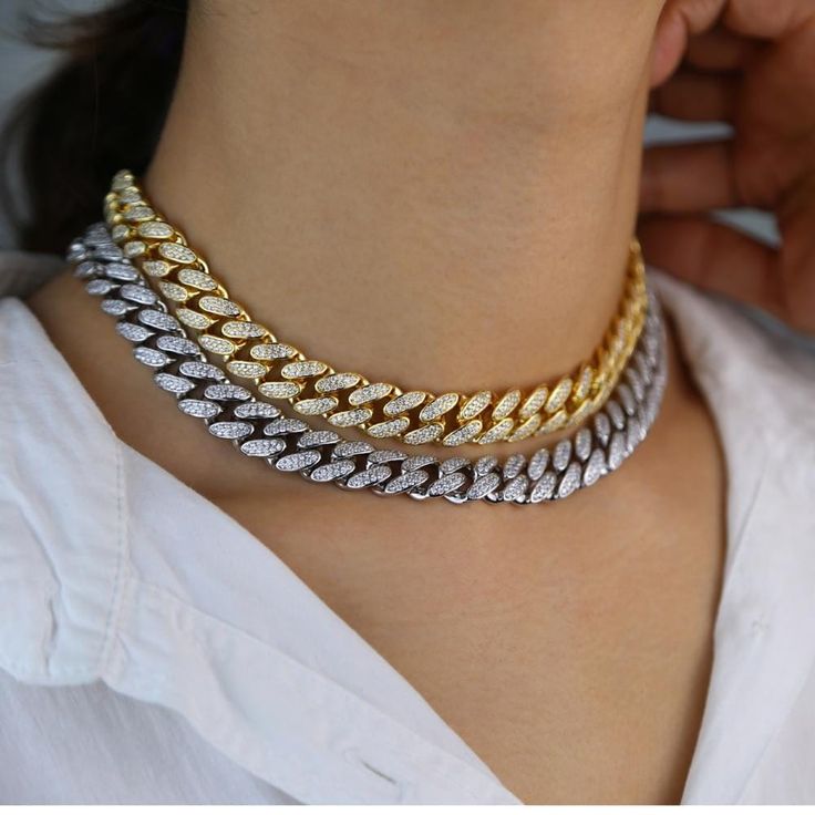 16" 12mm Width VVS Jewelry Women's Iced Cuban Link Chain CZ Stones Brass - will not fade or tarnish Hip Hop Women, Women Choker Necklace, Pink Choker, Cuban Link Necklace, Cuban Link Chain Necklaces, Bling Necklace, Womens Chokers, Miami Cuban, Gold Choker Necklace