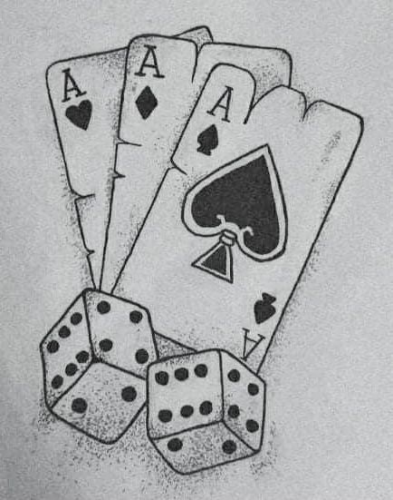 playing cards and dices drawn in pencil