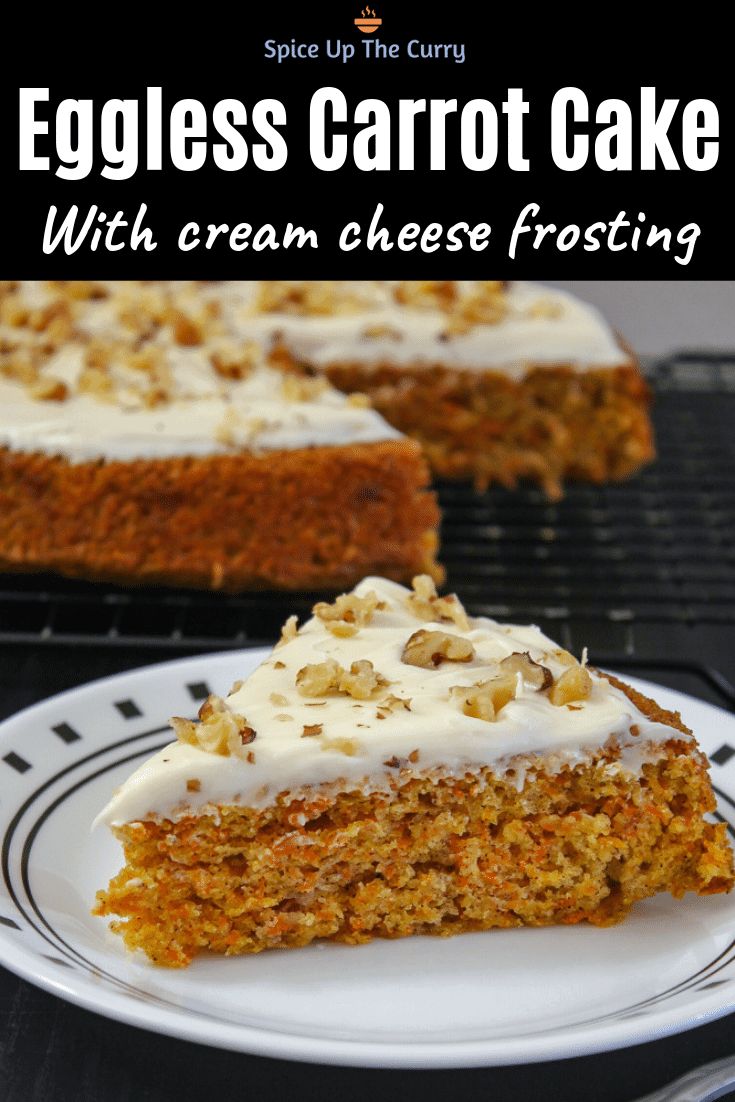 an eggless carrot cake with cream cheese frosting is on a plate next to the rest of the cake