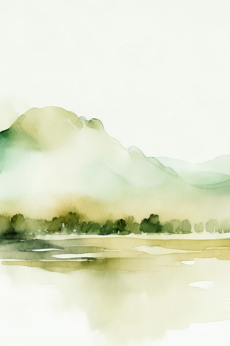 watercolor painting of mountains and trees in the distance