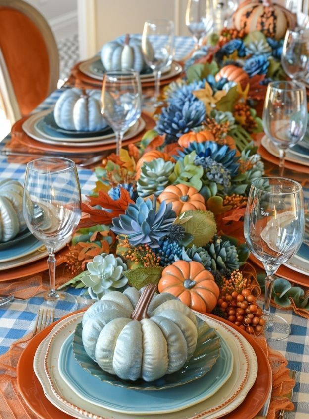 the table is set with blue and orange dishes, pumpkins and succulents