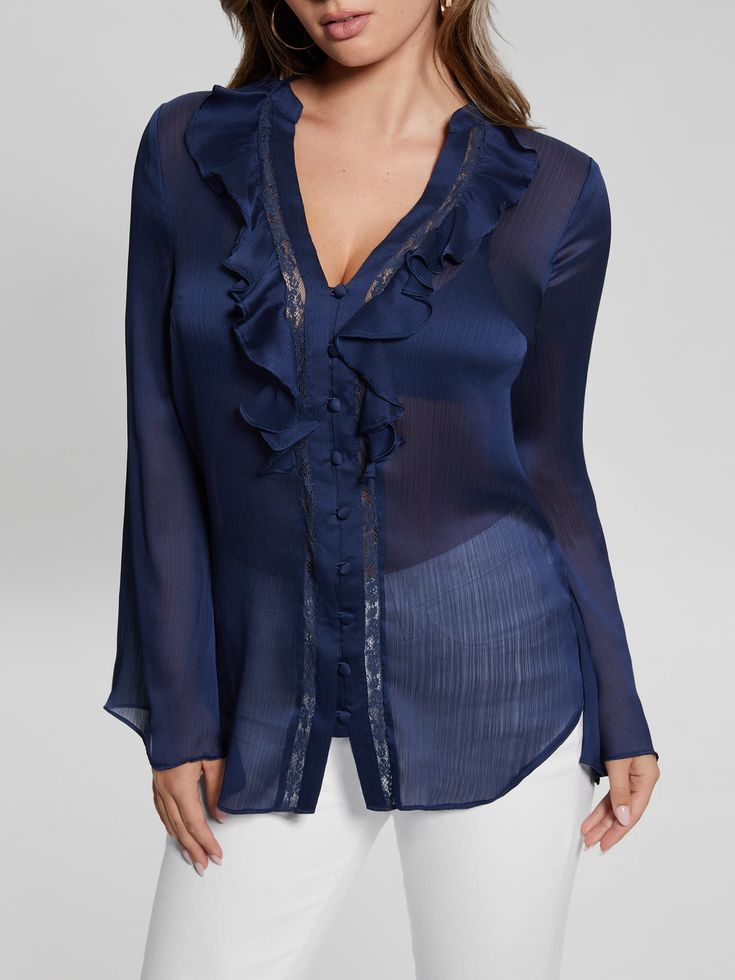 Chiffon top Sheer woven fabrication Ruffled detailing at the front Long sleeves Bell sleeves Front button closures 60% Recycled Polyester, 40% Regular Polyester. Contains recycled plastic. Blue Ruffled Blouse For Night Out, Blue Ruffled Tops For Formal Occasions, Formal Blue Ruffled Tops, Blue Chiffon Tops, Fitted Blue Chiffon Blouse, Blue Office Blouse With Ruffles, Blue Feminine Formal Blouse, Blue Chiffon Blouse For Party, Blue Chiffon Party Blouse