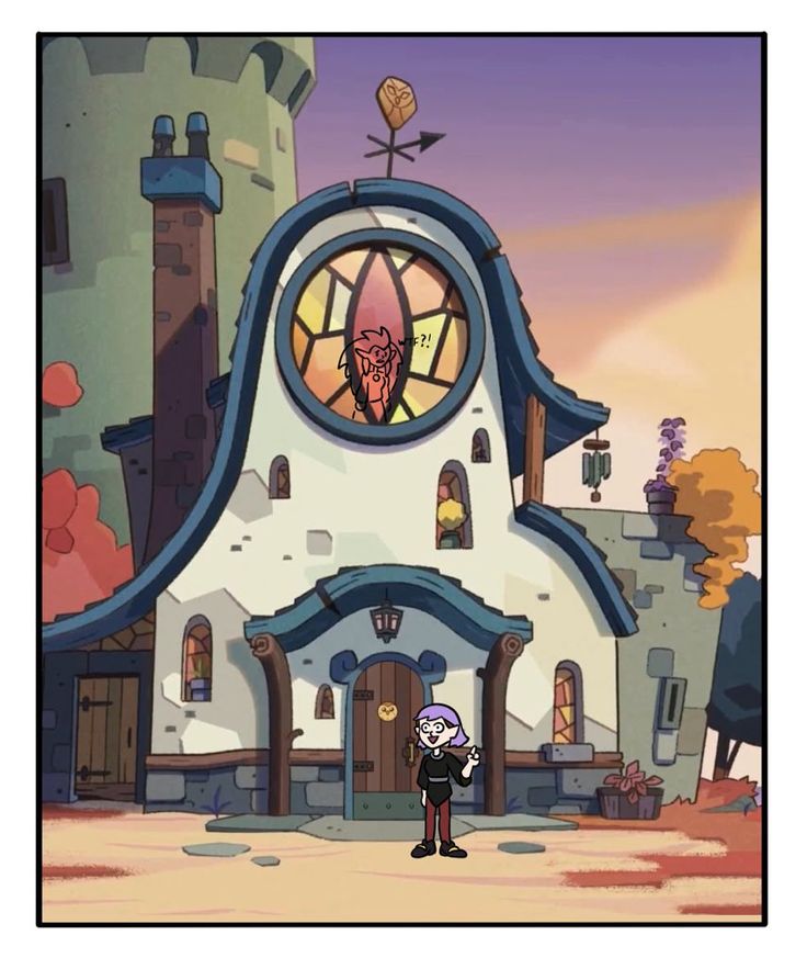 an animated character standing in front of a building