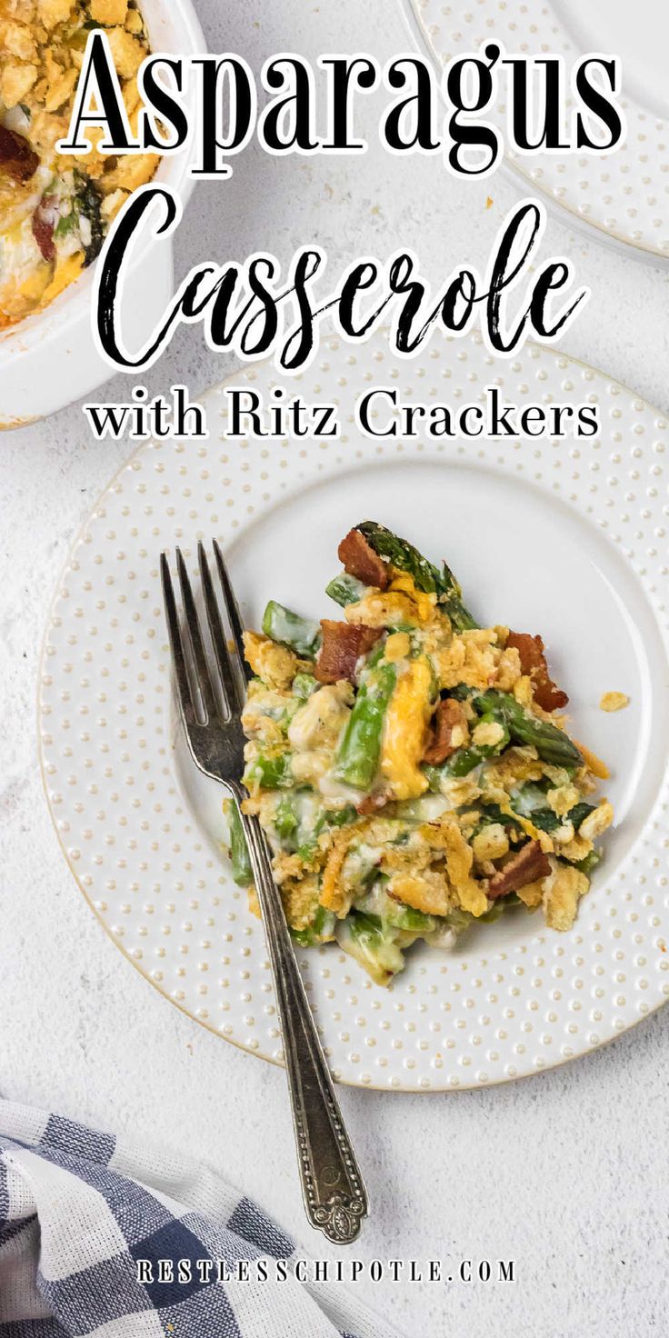 asparagus casserole with ritz crackers on a white plate next to a fork