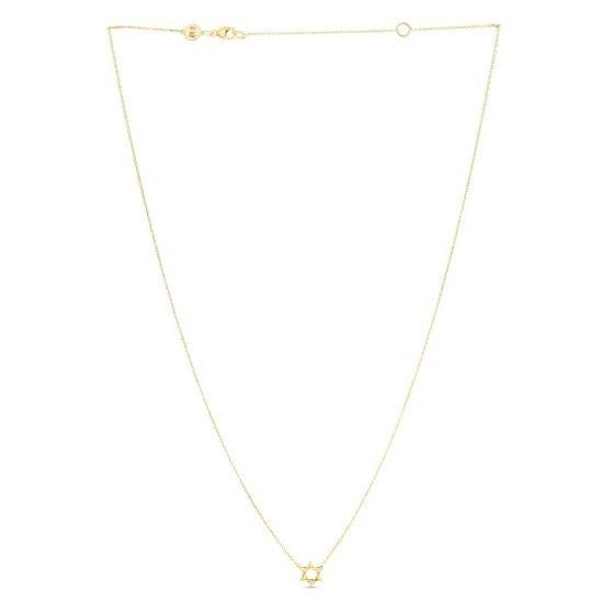 This beautiful 14k yellow gold Star of David necklace comes in a high polish finish & closes with a lobster clasp. This stunning piece is hand crafted & sits effortlessly between a glimmering rolo chain. Uniquely balanced in the center is a beautiful Star of David that adds that unique touch to your collection. Measuring 18 inches in length.Product Details: Necklace Information : Metal : 14K Yellow Gold Chain Type : Rolo Clasp : Lobster Clasp Minimalist 14k Gold Star Of David Necklace, Minimalist Yellow Gold Jewelry With Star Charm, Yellow Gold Star Of David Jewelry With Delicate Chain, Gold Plated Yellow Gold Star Charm Jewelry, White Gold Star Charm Jewelry In 14k Gold, Yellow Gold Plated Star Charm Jewelry, Star-shaped Yellow Gold Jewelry With Adjustable Chain, Elegant Star Of David Jewelry With Star Charm, Yellow Gold Plated Jewelry With Star Charm