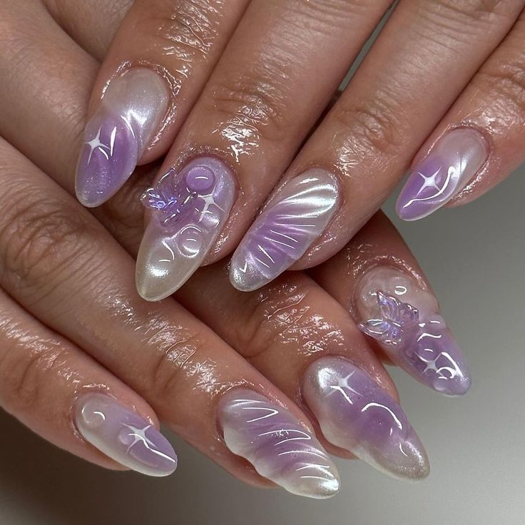 40 Latest Nail Trends to Inspire You Lilac Prom Nails, Asian Nail Designs, Lilac Almond Nails, Wave Nail Design, 16 Hairstyles, Moonlight Serenade, Bare Nails, Wave Nails, Aesthetic Nail