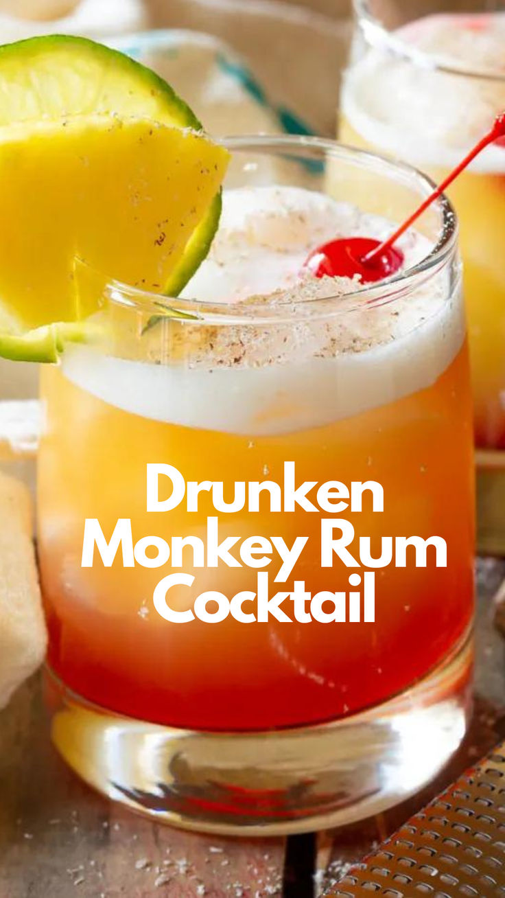 Drunken Monkey Rum Cocktail Rum Drinks With Pineapple Juice, Orange Rum Cocktail, Buttered Monkey Cocktail, Bacardi Lemon Drinks Recipes, Manly Cocktail Recipes, Vanilla Rum Cocktail Recipes, Tiki Torch Drink Recipe, Bacardi Rum Drinks Recipes, Parrot Bay Coconut Rum Drinks