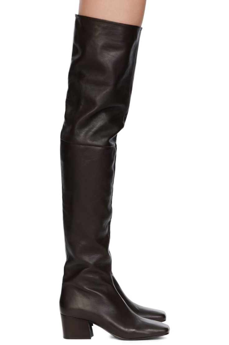 LEMAIRE: Brown Leather Boots | SSENSE Luxury Leather Knee-high Platform Boots, Brown Calf Leather Knee-high Boots With Square Toe, Brown Square Toe Calf Leather Knee-high Boots, Brown Square Toe Knee-high Calf Leather Boots, Luxury Brown Knee-high Boots With Leather Lining, Brown Knee-high Calf Leather Heeled Boots, Brown Calf Leather Knee-high Boots With Leather Sole, Luxury Boots In Textured Calf Leather, Textured Calf Leather Boots For Fall