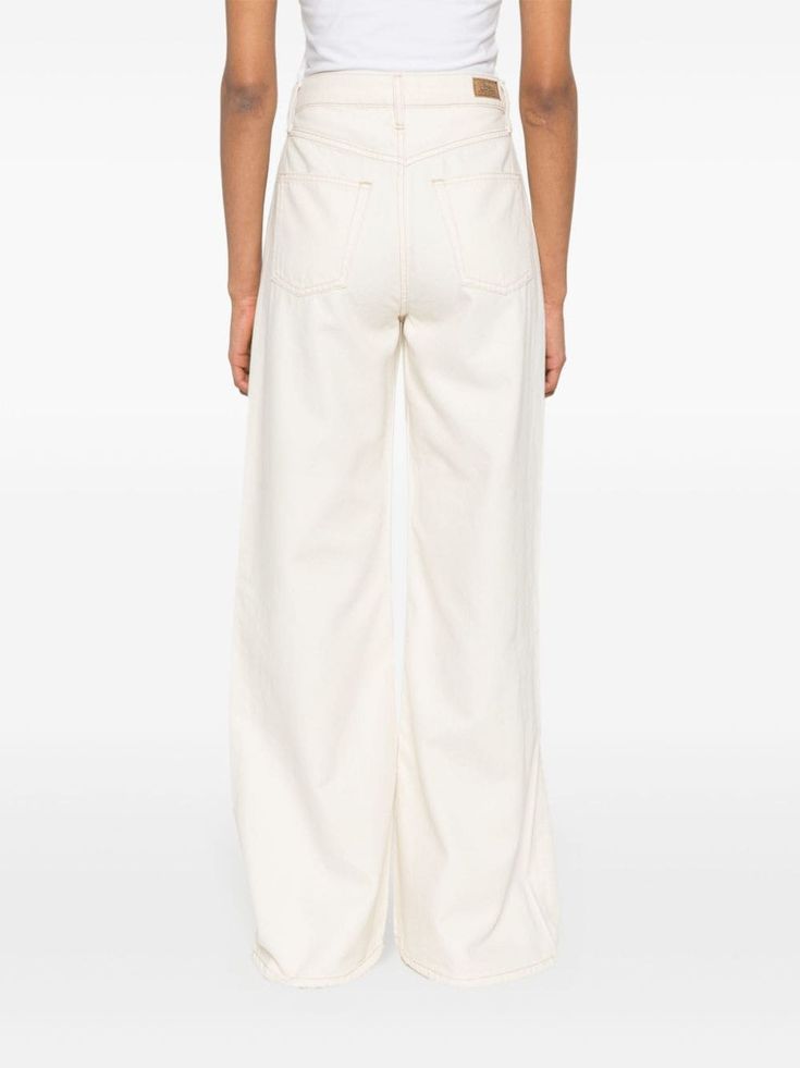 High-rise White Jeans With Belt Loops, High Rise White Jeans With Belt Loops, White High Rise Jeans With Belt Loops, High Waist Cotton Flare Jeans With Contrast Stitching, High Rise Cotton Flare Jeans With Contrast Stitching, White Wide-leg Denim Jeans, Cream Denim Pants With Five Pockets, White Straight Leg Jeans With Contrast Stitching, Modern Jeans With Contrast Stitching For Spring