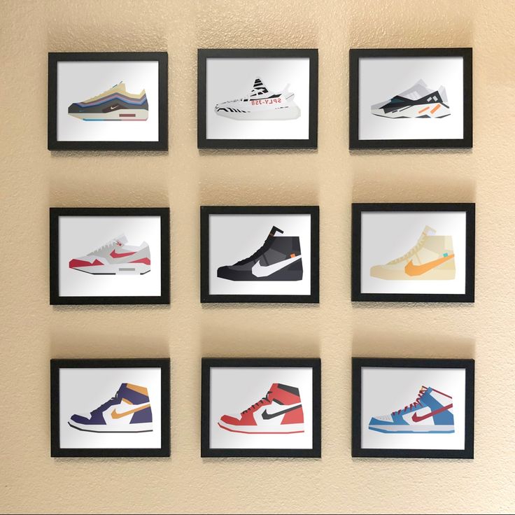 nine framed pictures with different shoes on them in front of a wall mounted art piece