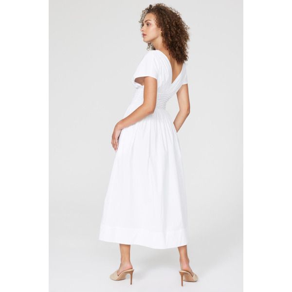 White cotton blend (98% Cotton, 2% Spandex). Lining (100% Cotton). Hourglass. Short sleeves. V-neck. Pull on. 47.5" from shoulder to hemline. Imported. Spring Cotton V-neck Dress With Short Sleeves, Fitted V-neck Dress For Spring Daywear, Cotton V-neck Dress For Brunch, Casual Fitted V-neck Dress For Daywear, Short Sleeve Cotton V-neck Dress For Spring, Fitted Cotton V-neck Maxi Dress, Elegant Cotton Dresses By Staud, Elegant Cotton V-neck Midi Dress, Elegant Cotton Midi Dress With V-neck