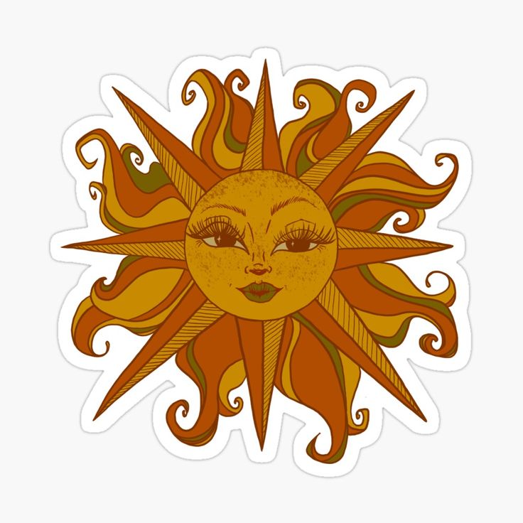 an orange and yellow sun sticker on a white background with swirly lines around it