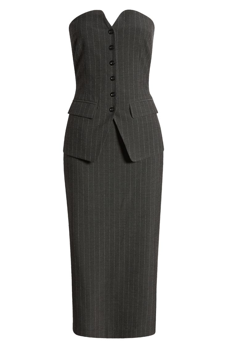 Suiting style comes for after-hours affairs in this pinstriped dress designed to showcase your shoulders. 42 1/2" center front length (size Medium) Hidden back-zip closure Strapless Partially lined 65% polyester, 30% viscose, 5% elastane Hand wash, dry flat Imported Elegant Midi-length Dress With Vertical Stripes, Fitted Sleeveless Pinstripe Dress, Fitted Pinstripe Sleeveless Dress, Elegant Vertical Stripes Workwear Dress, Striped Sleeveless Formal Dress, Pinstripe Sleeveless Spring Dress, Pinstripe Sleeveless Dress For Spring, Spring Pinstripe Sleeveless Dress, Elegant Knee-length Dress With Vertical Stripes