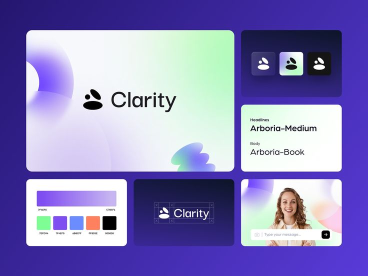 the identity card for clarity is displayed on a purple and green background with icons