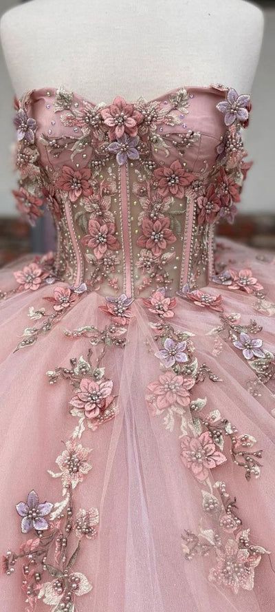 Off the Shoulder Lavender Sequin 3D Floral Quinceanera Dresses | KissProm Quinceanera Dresses Pink Princesses, Prom Dress Enchanted Theme, Quince Dress Corset Top, Whimsical Quinceanera Dress, Enchanted Theme Dresses, Princess Sweet 16 Dress, Pink Quince Dresses Elegant, Pink Enchanted Dress, Enchanted Themed Dress