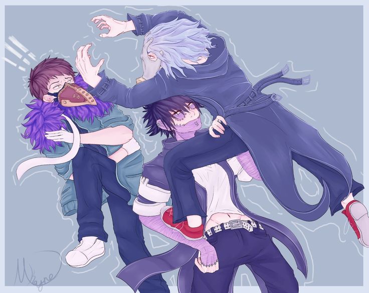 three anime characters are hugging each other in the air with their arms around one another