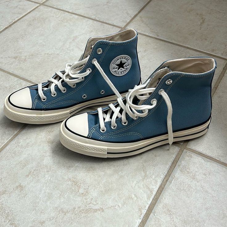 Perfect Condition And Never Worn! Converse High Top In Light Blue. Size: 10 W And 8 M. Casual Blue High-top Sneakers For Streetwear, Casual Light Blue High-top Sneakers For Streetwear, Casual Blue Slip-on Sneakers, Casual Blue Sneakers With Vulcanized Sole, Casual Blue Round Toe Sneakers, Casual Light Blue Mid-top Sneakers, Blue Sneakers With Vulcanized Sole For Spring, Blue Casual High-top Sneakers With Vulcanized Sole, Casual Blue High-top Sneakers With Vulcanized Sole