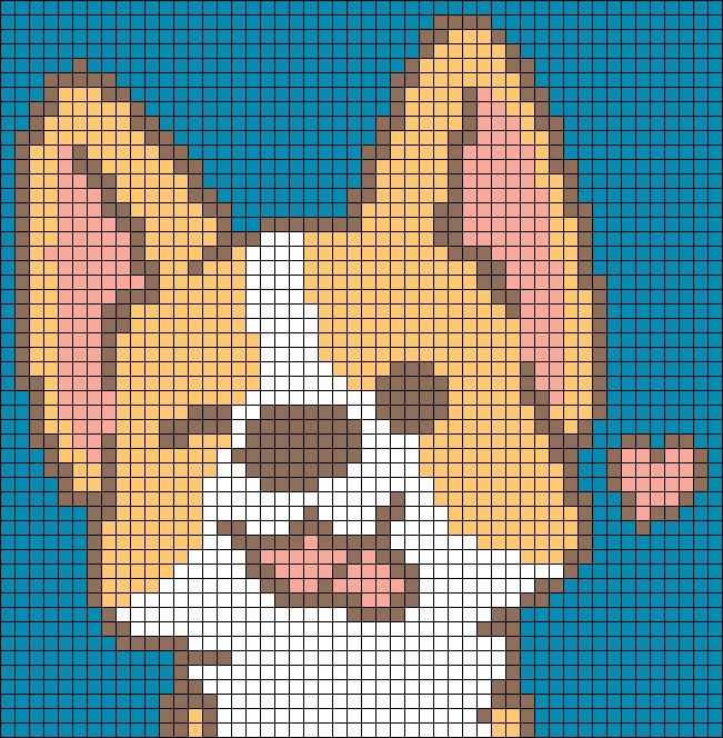 a cross stitch pattern with a dog's face in the center, on a blue background