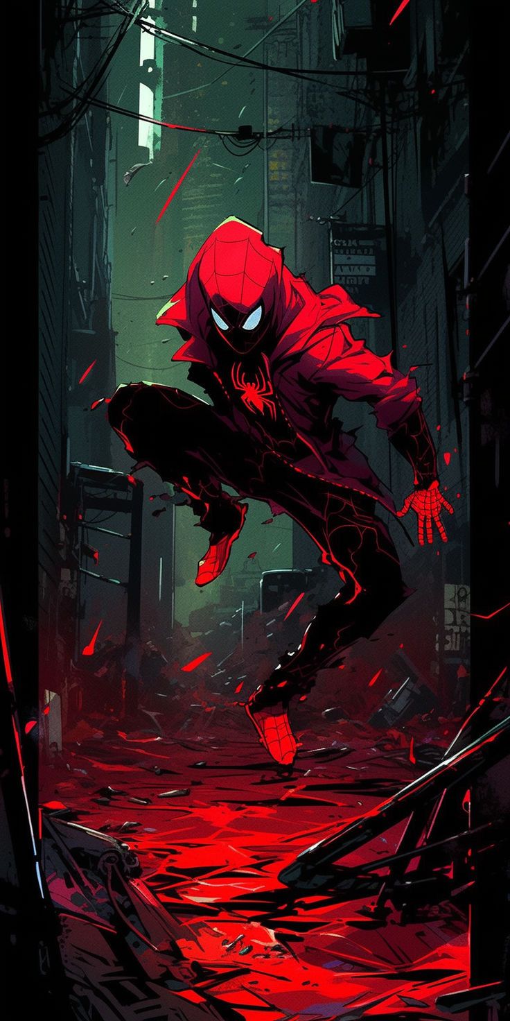 a red spider - man running through a city at night