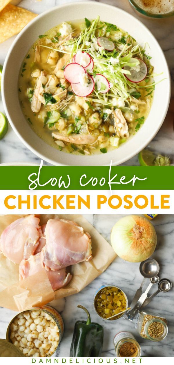 This slow cooker dinner idea is a take on the classic Mexican stew! Simmered with hominy and green chiles, this chicken posole recipe is so good. There's nothing like coming home to this easy weeknight meal! Chicken Posole Verde Crockpot, Crockpot Posole Chicken, Crockpot Pozole Chicken, Green Chile Chicken Posole, Crockpot Recipes Comfort Foods, Pozole Crockpot Recipe, Crockpot Chicken Pozole, Posole Verde Chicken, Green Chicken Posole Recipe