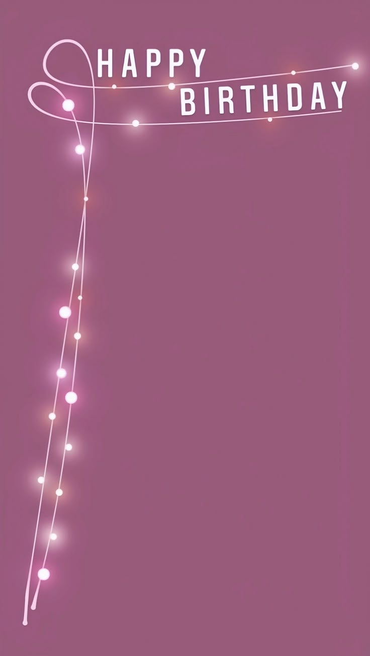 a pink birthday card with string lights and the words happy birthday