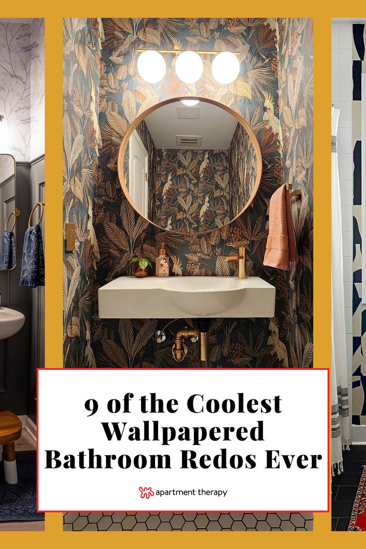 the bathroom is decorated with colorful wallpaper and decorative accessories, including a round mirror